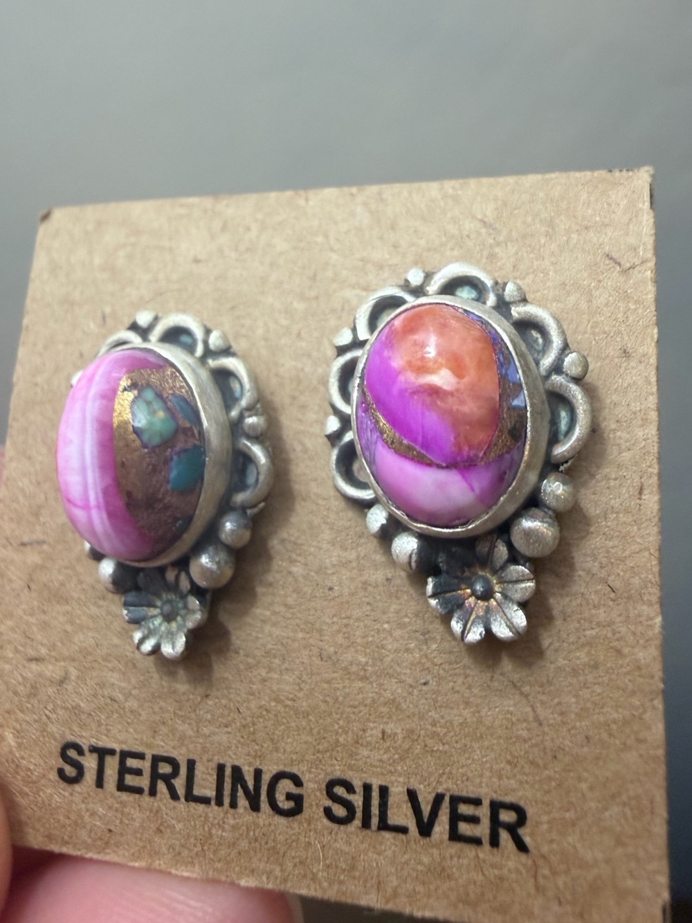 Pink Turquoise Dahlia Stud Earrings - Picture 2 of 6